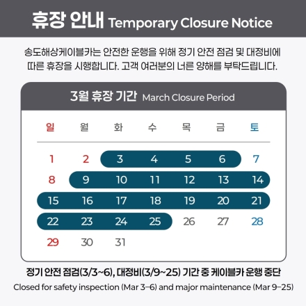 송도해상케이블카, 3월 정기 안전 점검·대정비 실시