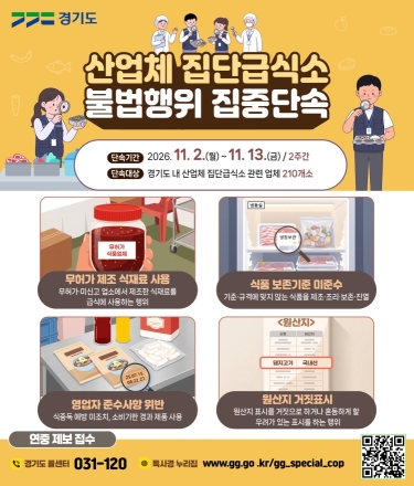 경기도, 산업체 집단급식소 210곳 집중 단속…식재료·원산지·위생관리 점검